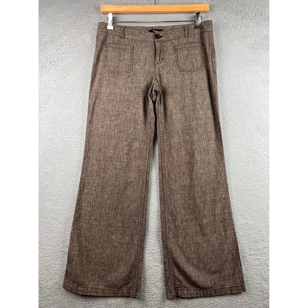 Express Brown Textured Linen Blend Wide Leg Patch Pocket Trousers Size 8